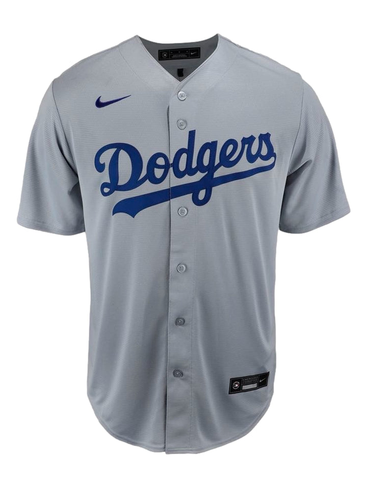 Jersey de béisbol Nike de los Dodgers en color gris con letras azules y botones frontales.