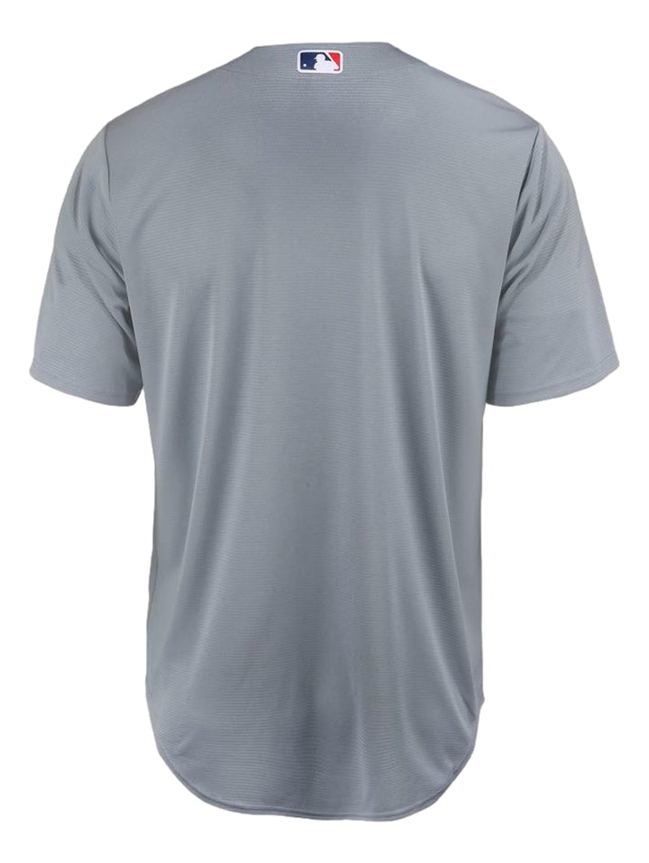 Jersey de béisbol Nike de los Dodgers en color gris con letras azules y botones frontales.