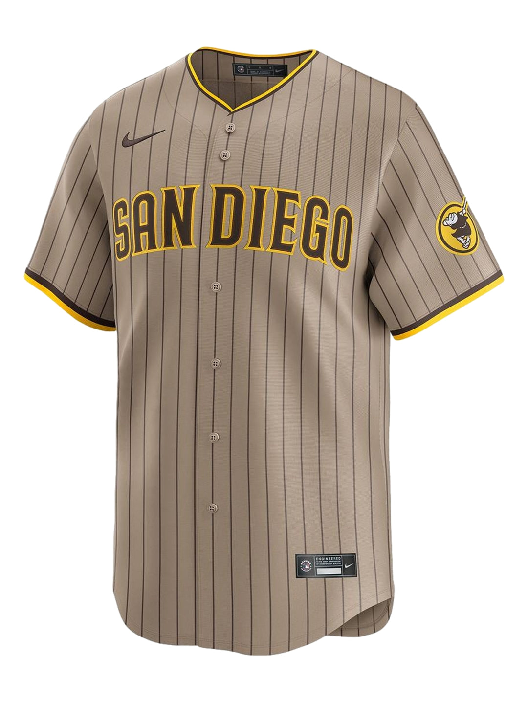 Jersey de béisbol Nike color marrón con rayas verticales y texto SAN DIEGO en amarillo.