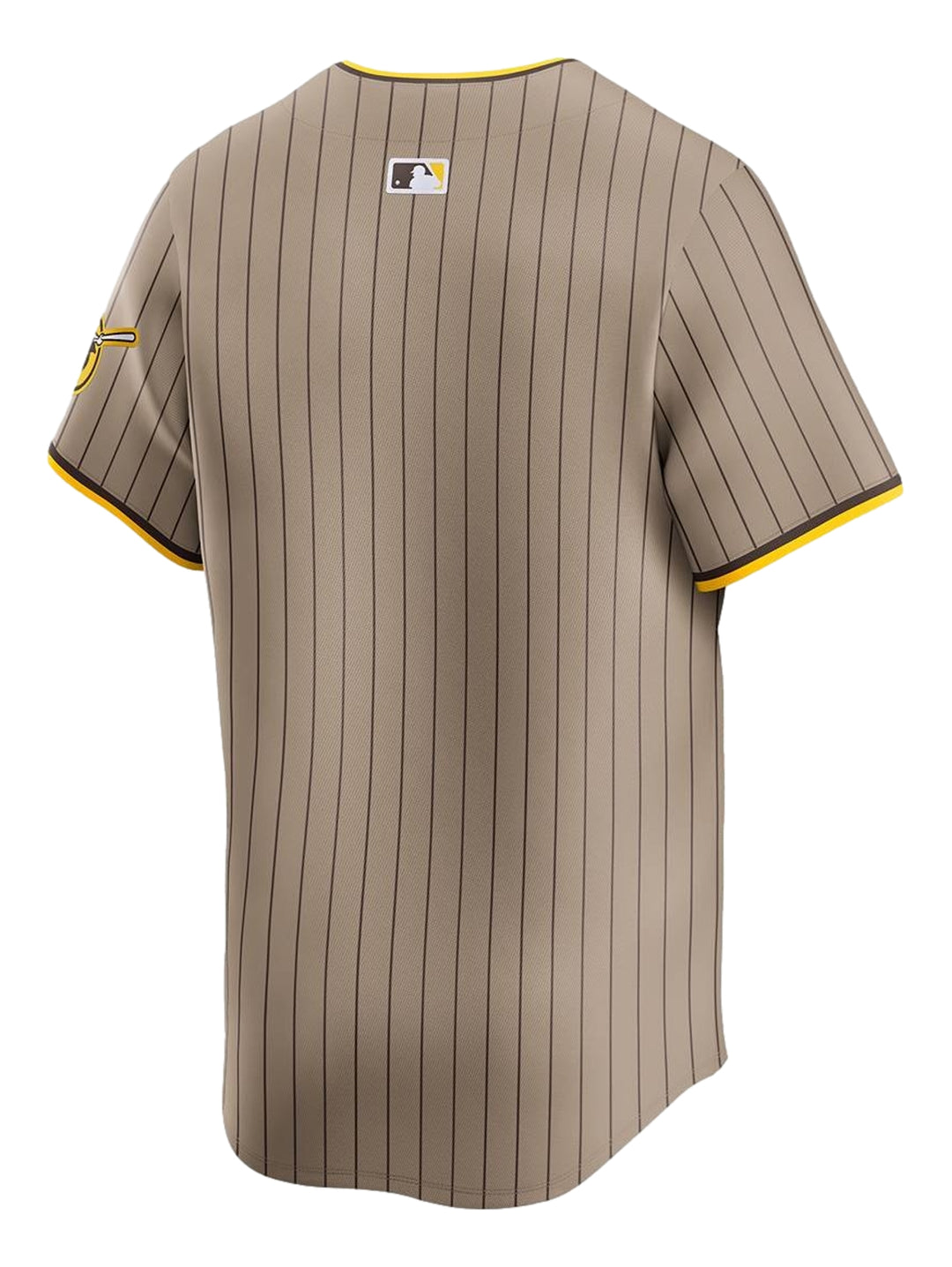 Jersey de béisbol Nike color marrón con rayas verticales y texto SAN DIEGO en amarillo.