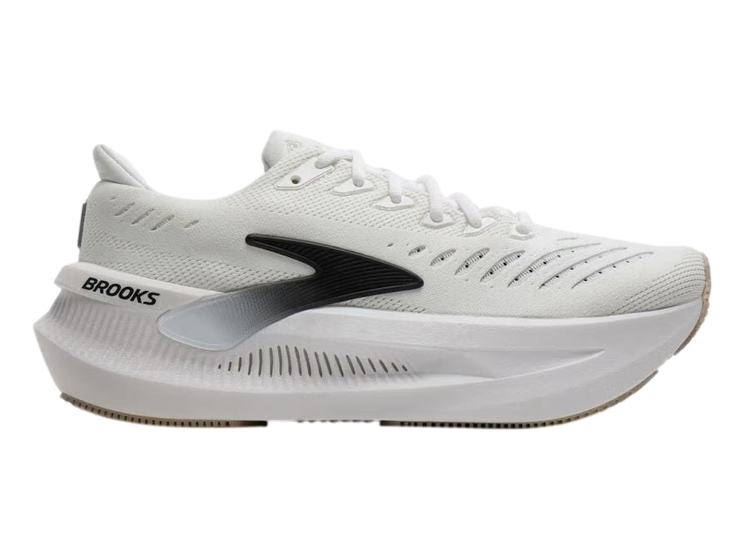 Tenis deportivos Brooks Glycerin Max en color blanco con detalles en negro y gris, vista lateral.