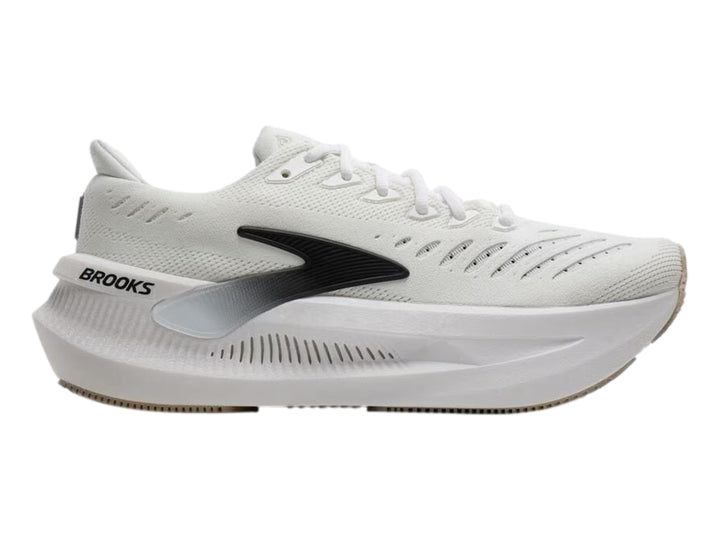 Tenis deportivos Brooks Glycerin Max en color blanco con detalles en negro y gris, vista lateral.