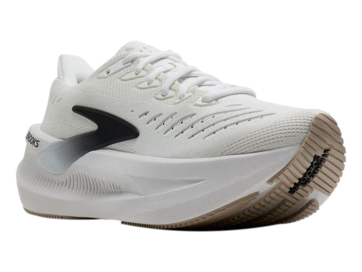 Tenis deportivos Brooks Glycerin Max en color blanco con detalles en negro y gris, vista lateral.