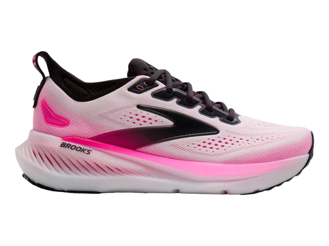 Tenis deportivos Brooks Glycerin 23 en color blanco con detalles en rosa y negro para correr.