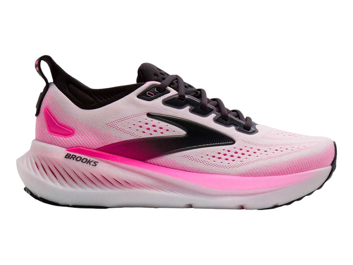 Tenis deportivos Brooks Glycerin 23 en color blanco con detalles en rosa y negro para correr.