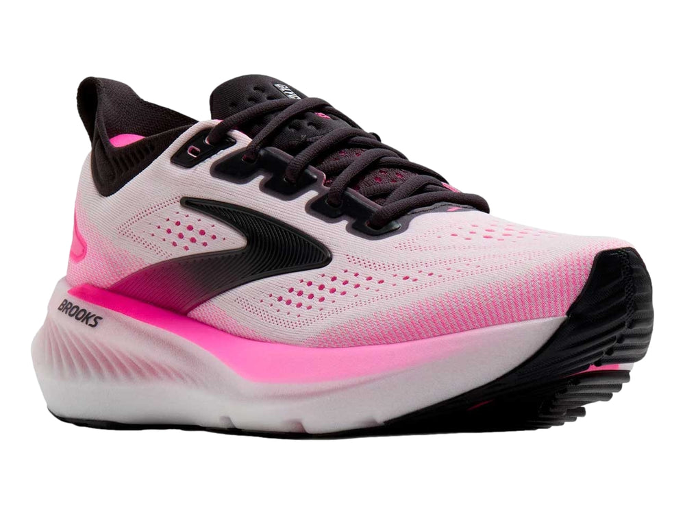 Tenis deportivos Brooks Glycerin 23 en color blanco con detalles en rosa y negro para correr.