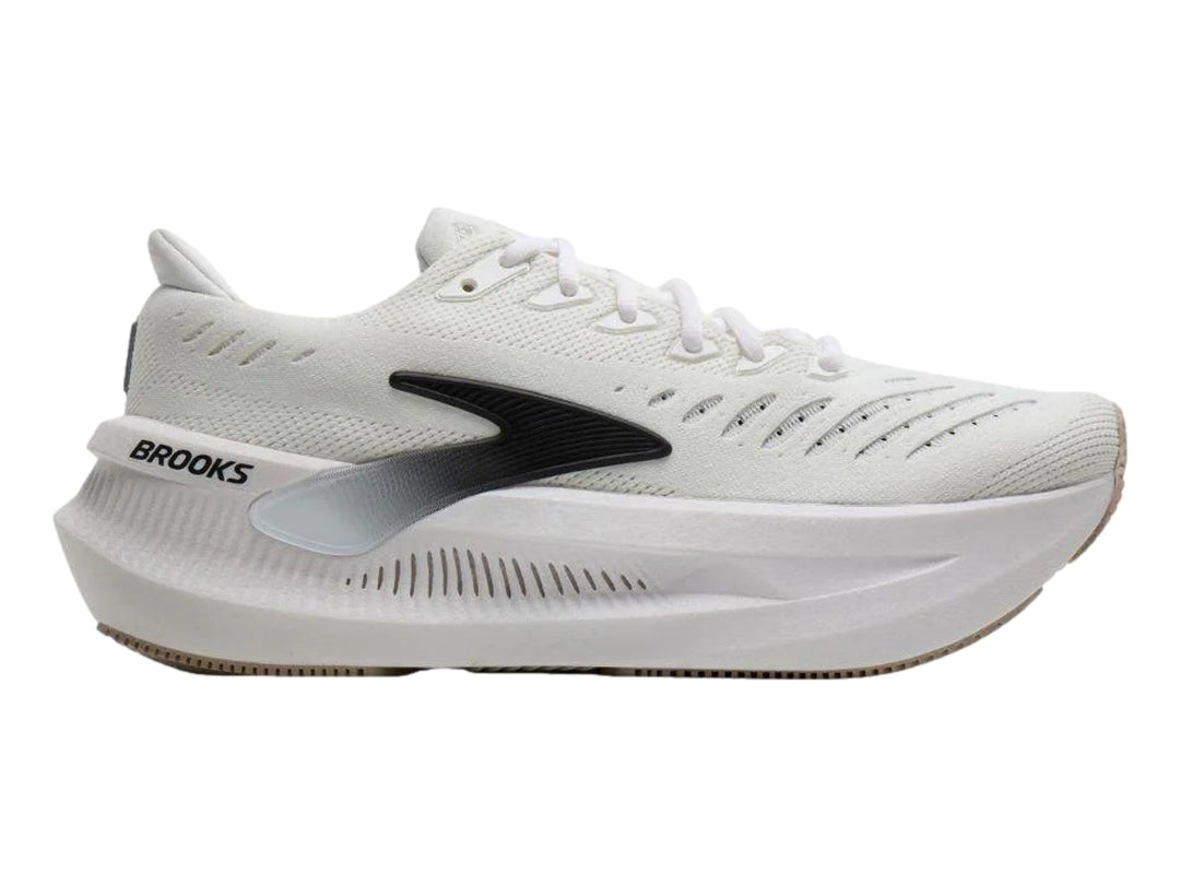 Tenis deportivos Brooks Glycerin Max en color blanco con detalles en gris y negro, diseño de suela gruesa y curva.