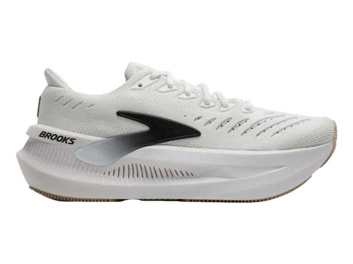 Tenis deportivos Brooks Glycerin Max en color blanco con detalles en gris y negro, diseño de suela gruesa y curva.