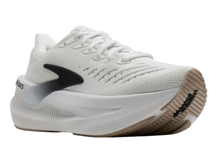 Tenis deportivos Brooks Glycerin Max en color blanco con detalles en gris y negro, diseño de suela gruesa y curva.