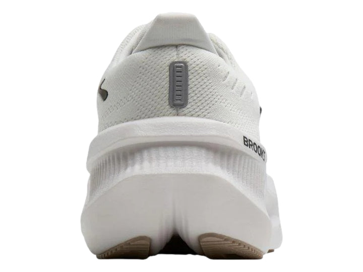 Tenis deportivos Brooks Glycerin Max en color blanco con detalles en gris y negro, diseño de suela gruesa y curva.
