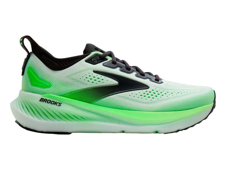Tenis deportivos Brooks Glycerin 23 en color blanco y verde neón con detalles en negro.