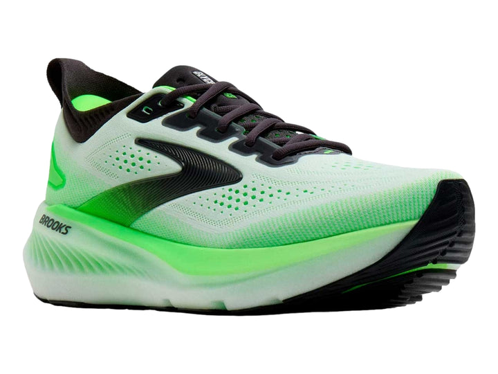 Tenis deportivos Brooks Glycerin 23 en color blanco y verde neón con detalles en negro.