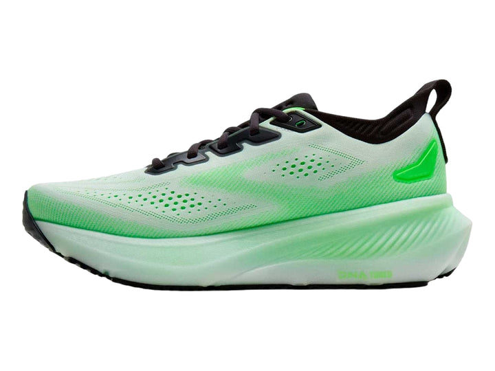 Tenis deportivos Brooks Glycerin 23 en color blanco y verde neón con detalles en negro.
