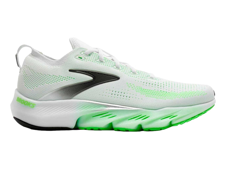 Tenis deportivos Brooks color blanco con detalles y suela en verde neón.
