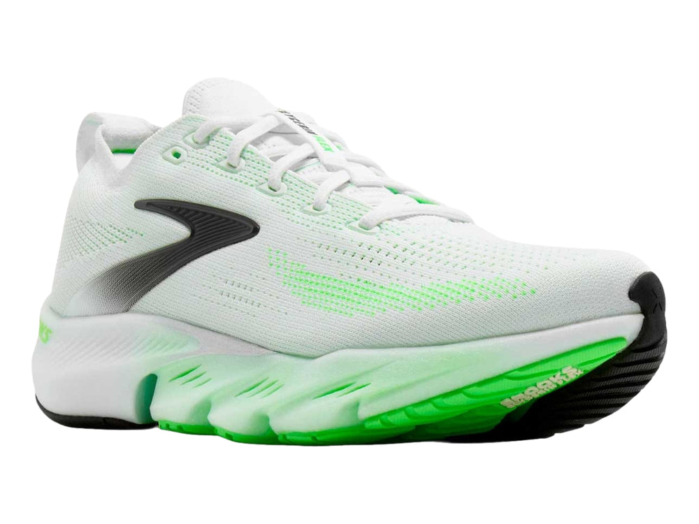 Tenis deportivos Brooks color blanco con detalles y suela en verde neón.