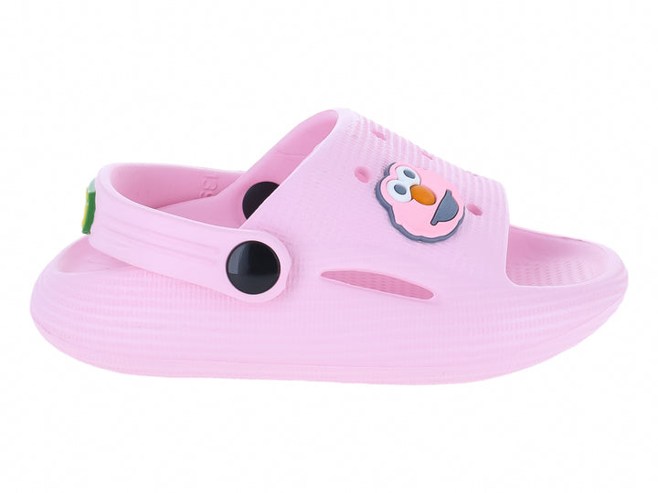 Zueco infantil Karsten de color rosa con detalles en negro y un personaje decorativo.