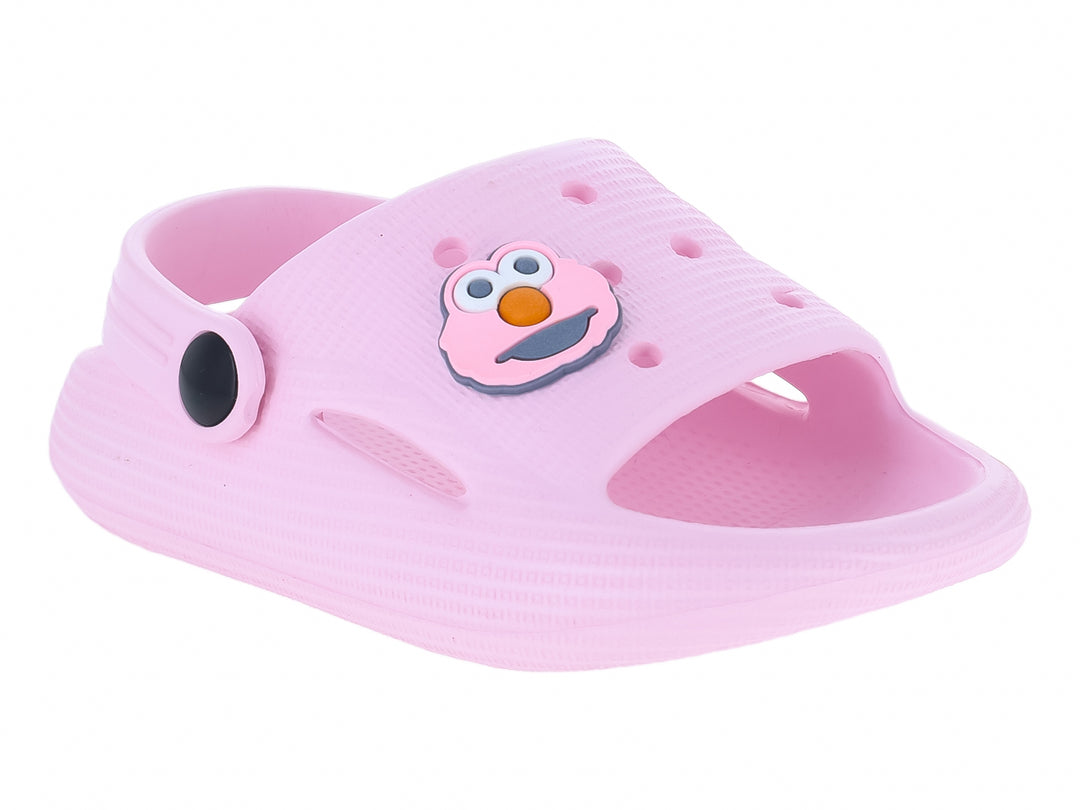 Zueco infantil Karsten de color rosa con detalles en negro y un personaje decorativo.