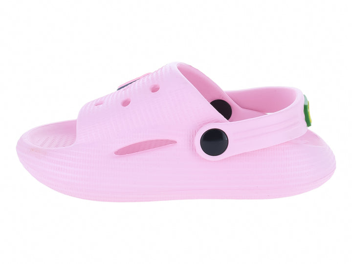 Zueco infantil Karsten de color rosa con detalles en negro y un personaje decorativo.