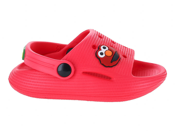 Sandalia tipo clog color rojo con detalle de personaje Elmo y correa ajustable.