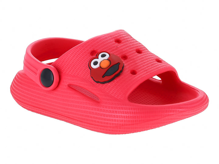 Sandalia tipo clog color rojo con detalle de personaje Elmo y correa ajustable.