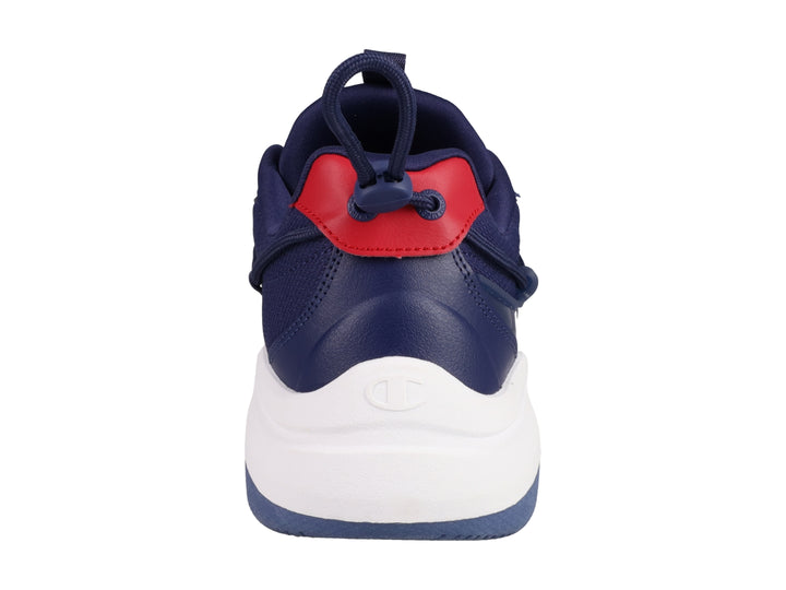 Tenis deportivos Champion color azul marino con suela blanca y detalle rojo en el talón.