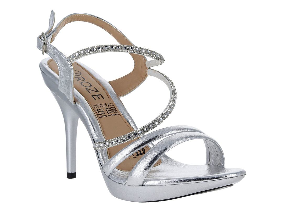 Sandalia de tacón alto color plata con plataforma y detalles brillantes en las correas.
