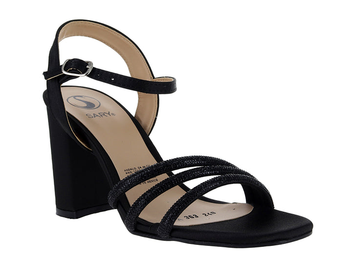 Sandalias negras de tacón cuadrado con tiras brillantes y correa al tobillo.