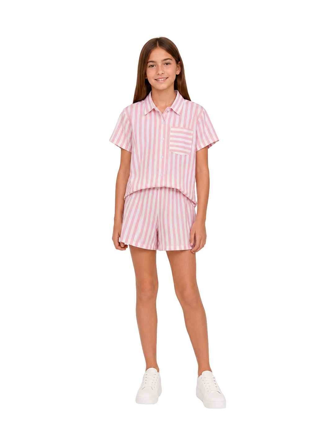 Conjunto de camisa y short a rayas rosas y blancas para niña.