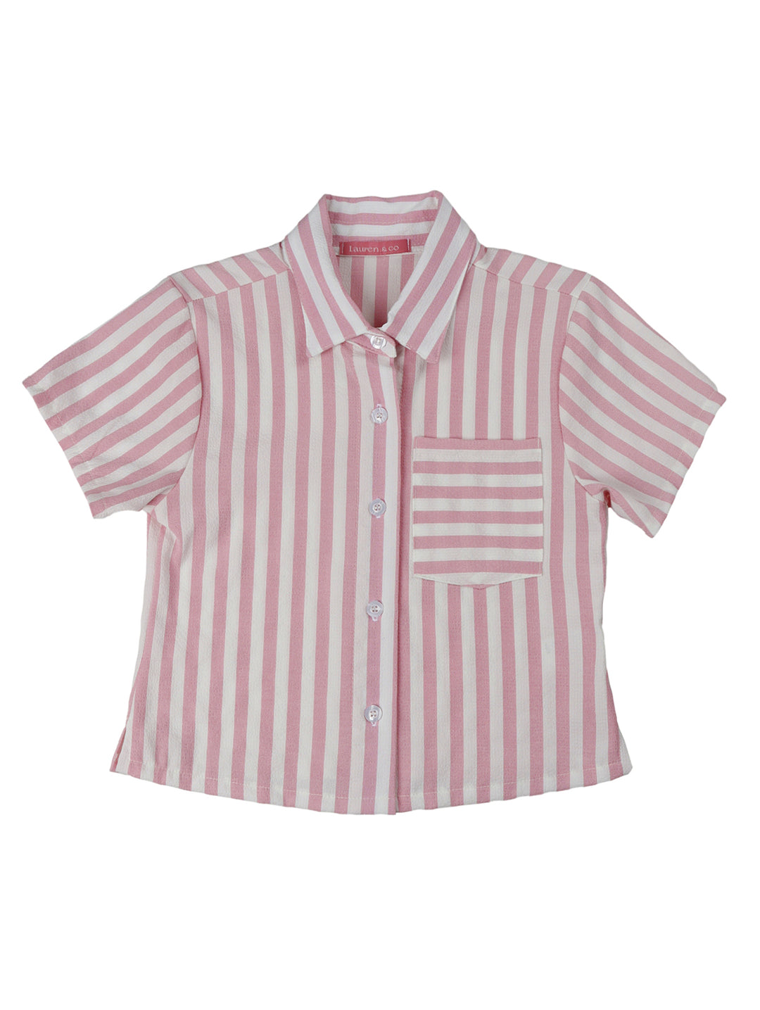 Conjunto de camisa y short a rayas rosas y blancas para niña.