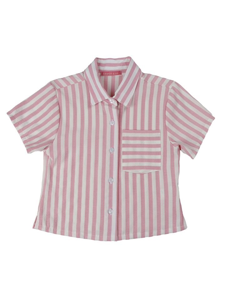 Conjunto de camisa y short a rayas rosas y blancas para niña.