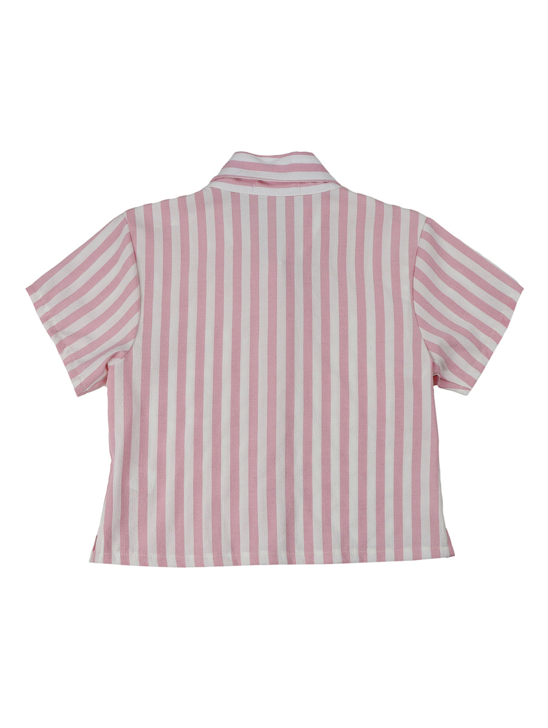 Conjunto de camisa y short a rayas rosas y blancas para niña.