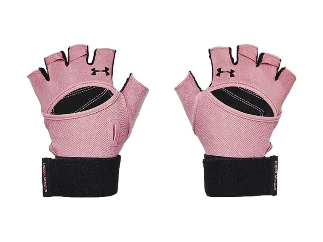 Par de guantes de levantamiento de pesas Under Armour color rosa con detalles y correas negras.