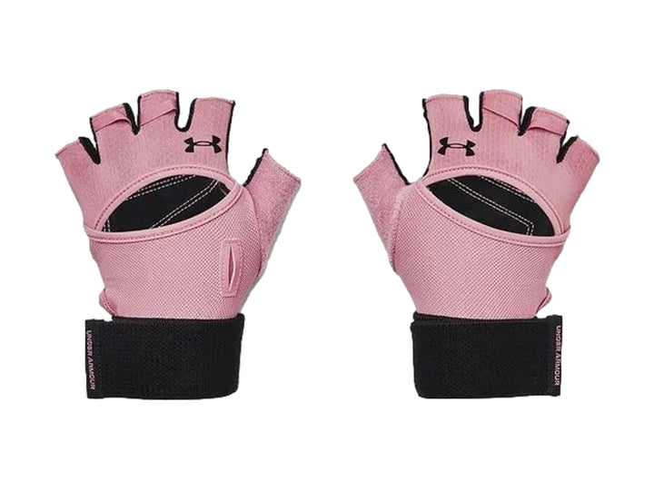 Par de guantes de levantamiento de pesas Under Armour color rosa con detalles y correas negras.