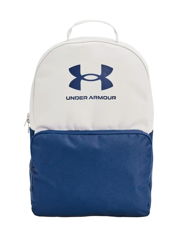 Mochila Under Armour en colores blanco y azul con logotipo frontal.