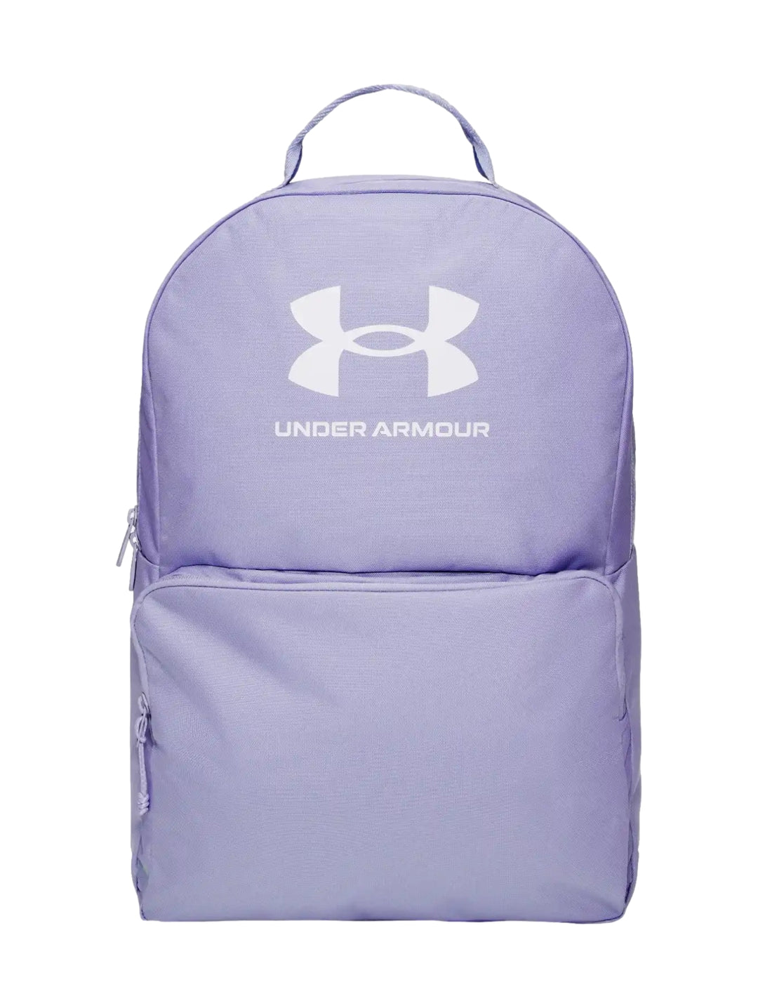 Mochila escolar Under Armour de color morado con logotipo blanco frontal.