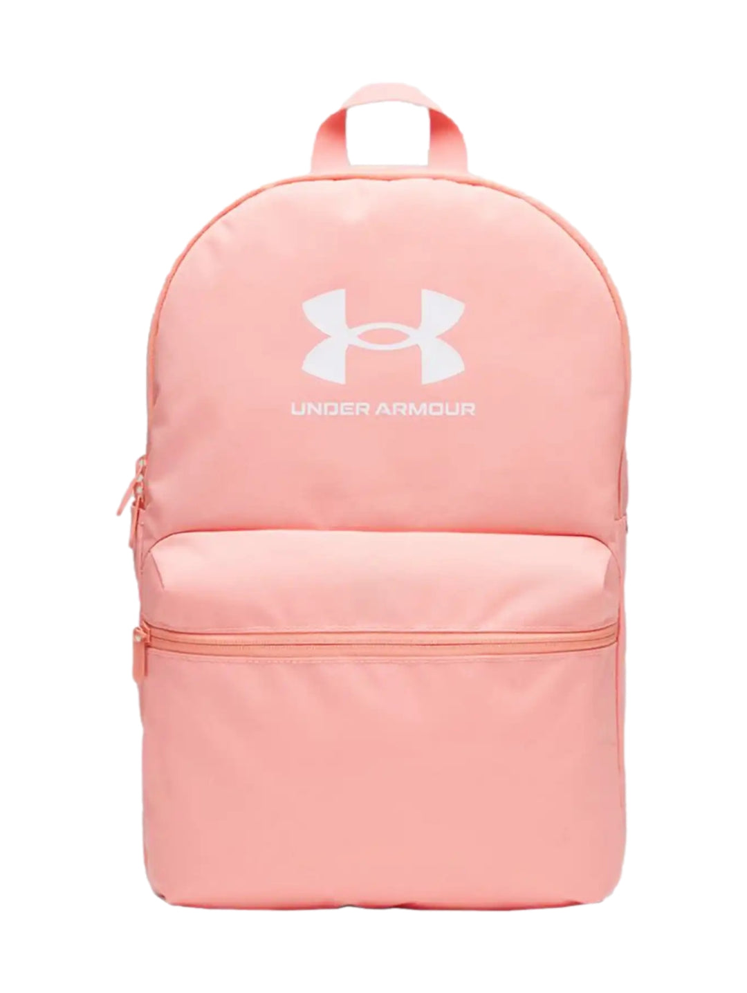 Mochila escolar Under Armour de color rosa con logotipo blanco en el frente y bolsillo delantero.