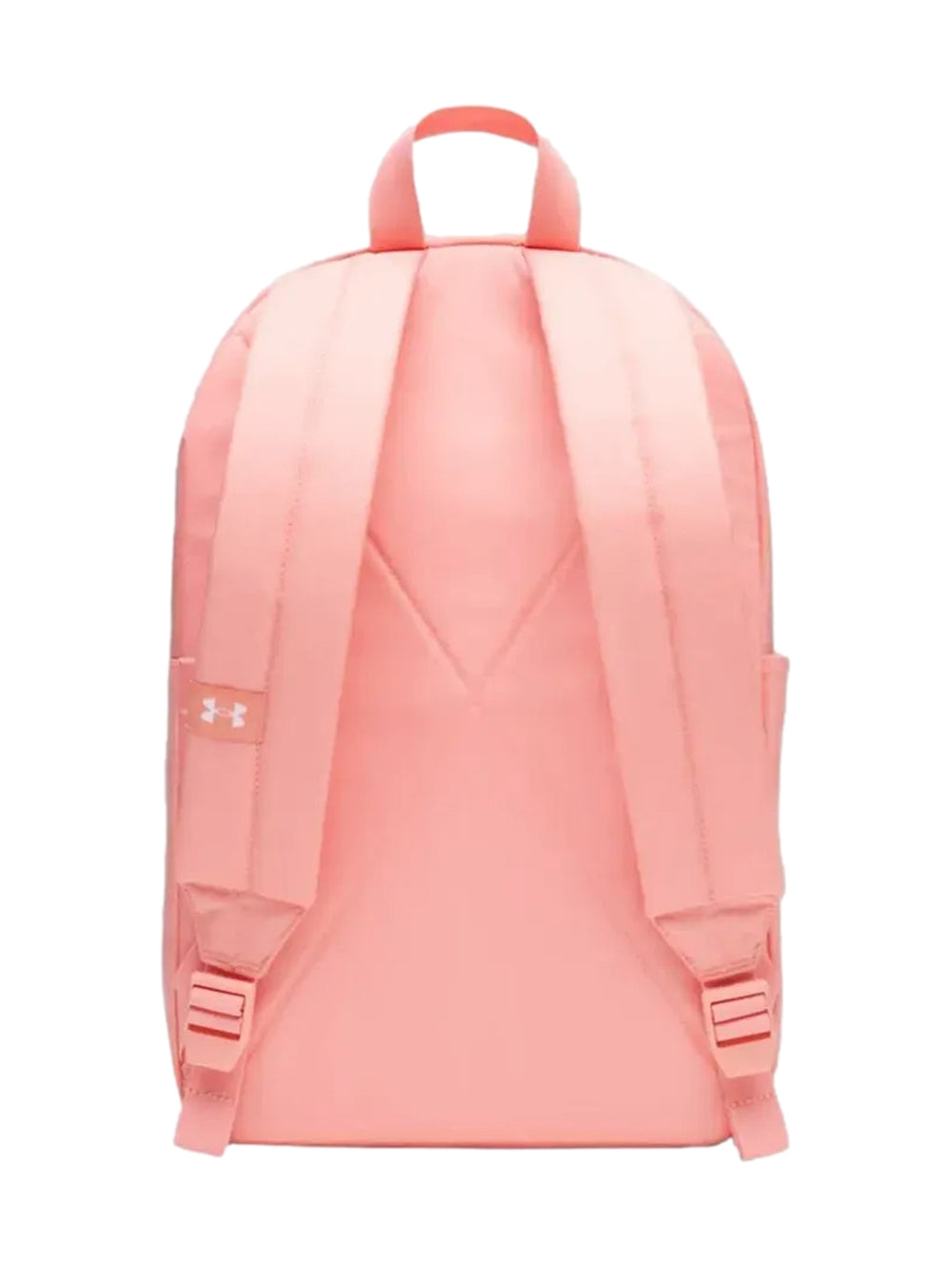 Mochila escolar Under Armour de color rosa con logotipo blanco en el frente y bolsillo delantero.