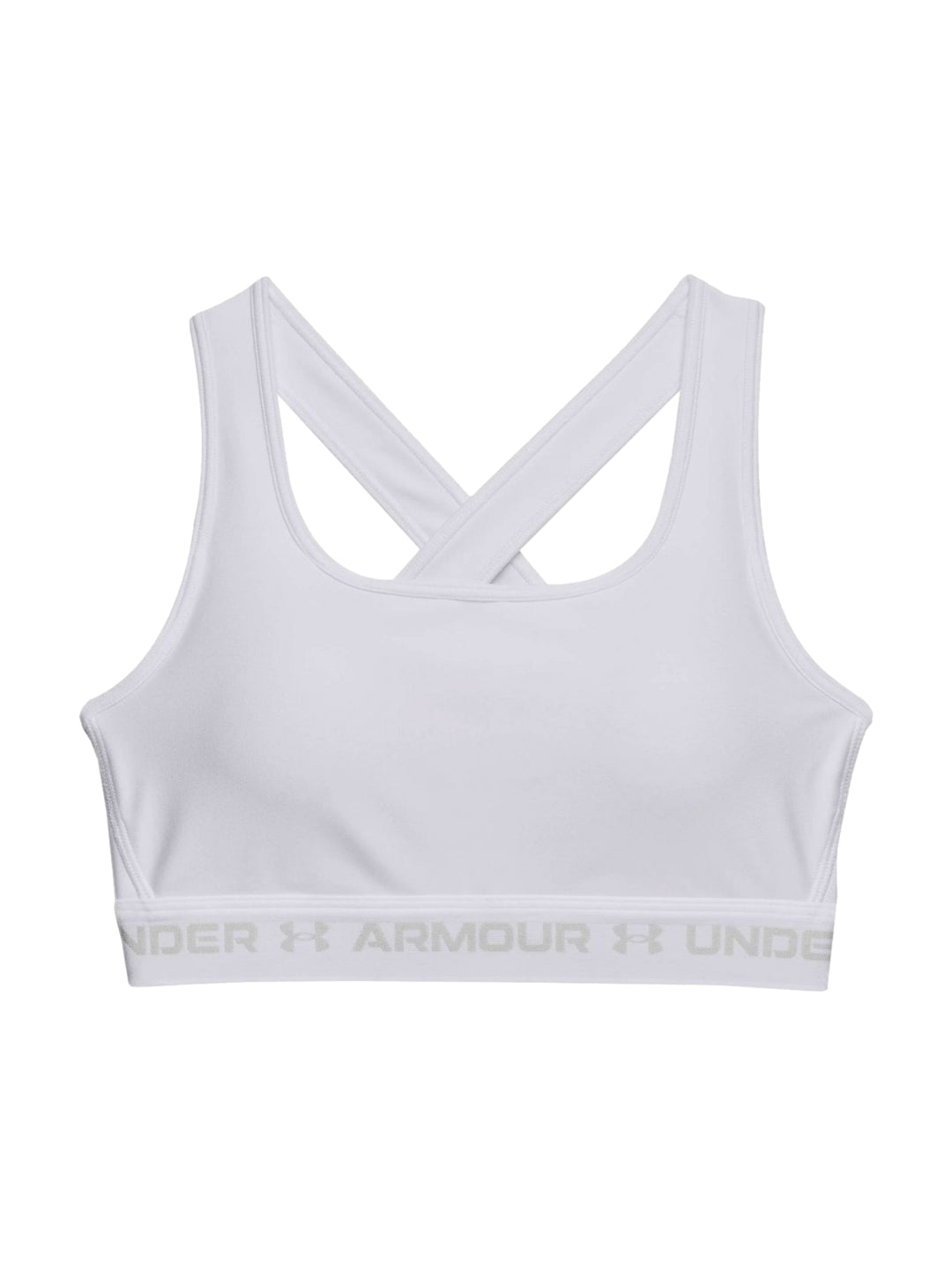 Mujer vistiendo un bra deportivo blanco de Under Armour con banda elástica en la base.