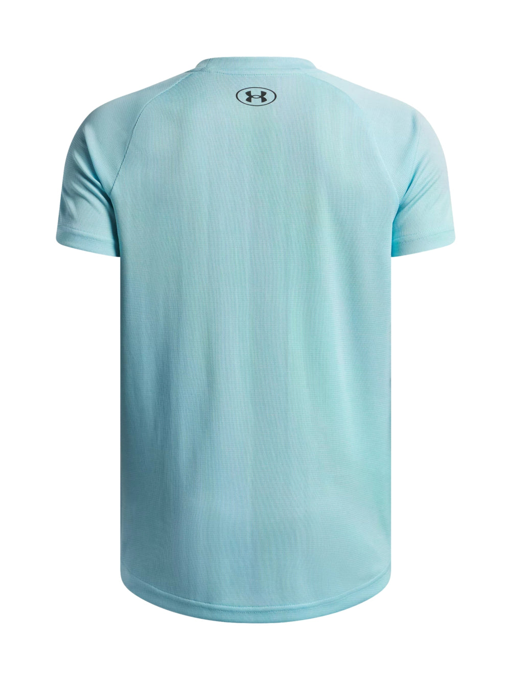 Camiseta deportiva Under Armour de color azul claro con textura de líneas verticales y manga corta.