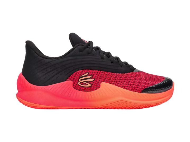 Tenis de baloncesto Under Armour Curry Splash en color negro y rojo con suela en degradado naranja.