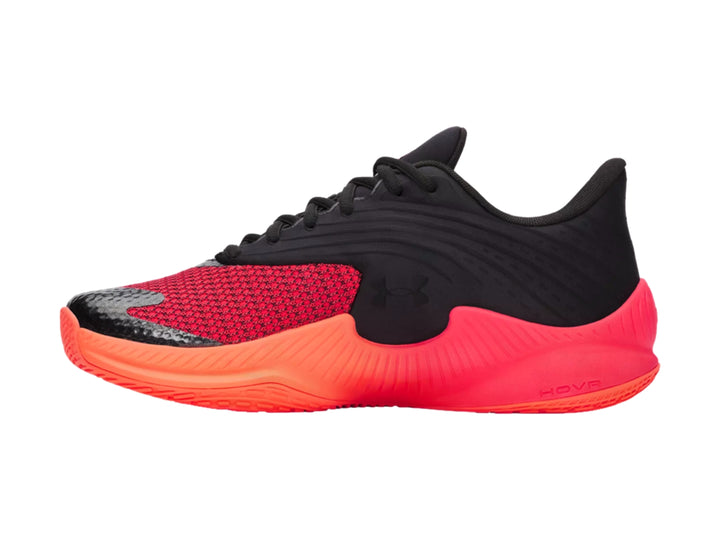 Tenis de baloncesto Under Armour Curry Splash en color negro y rojo con suela en degradado naranja.