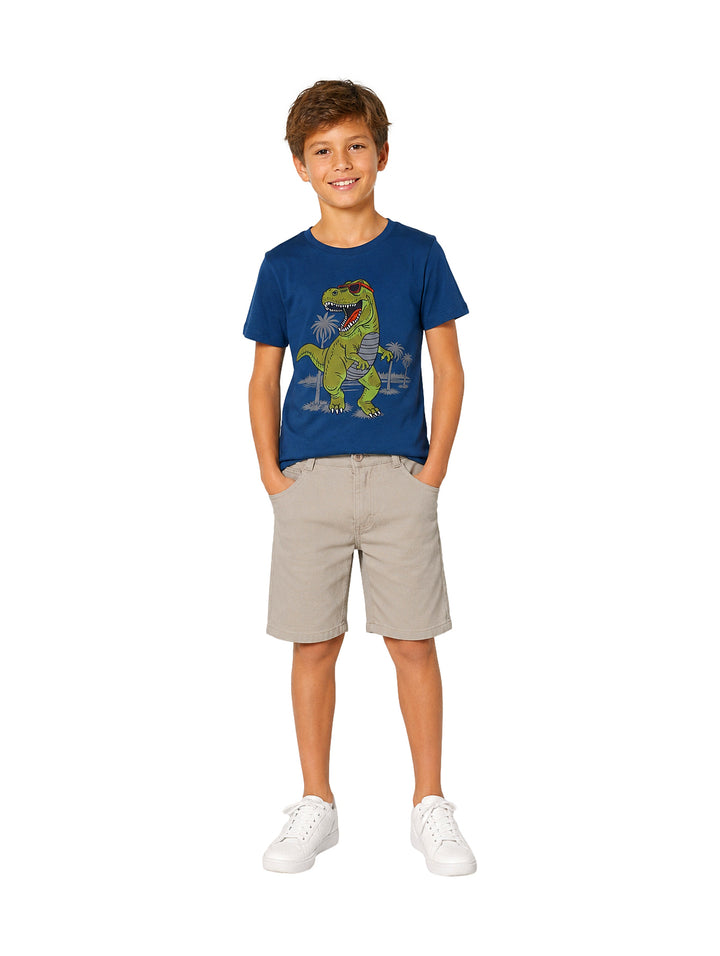 Niño vistiendo un conjunto de camiseta azul con estampado de dinosaurio y bermudas color beige.