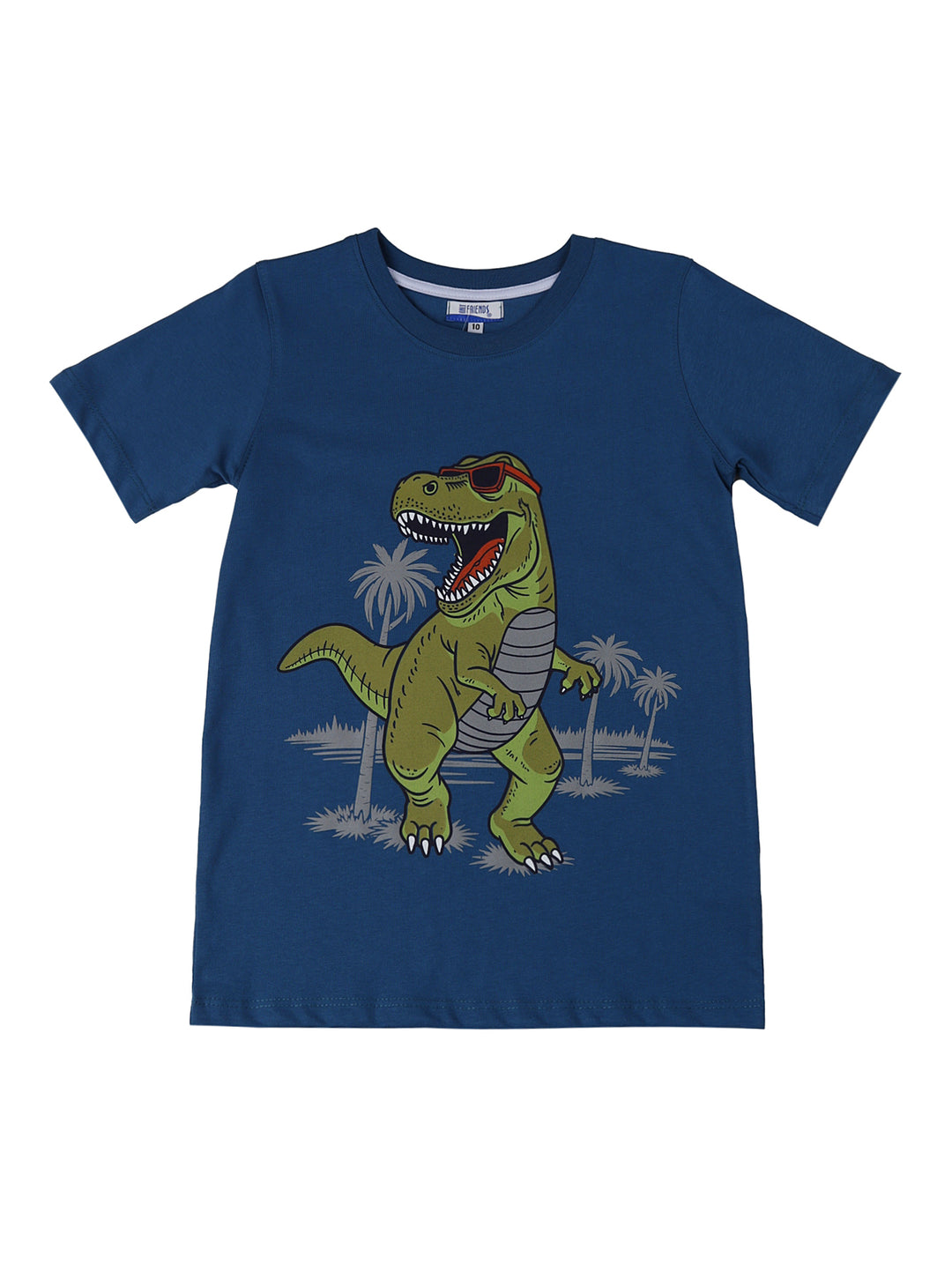 Niño vistiendo un conjunto de camiseta azul con estampado de dinosaurio y bermudas color beige.