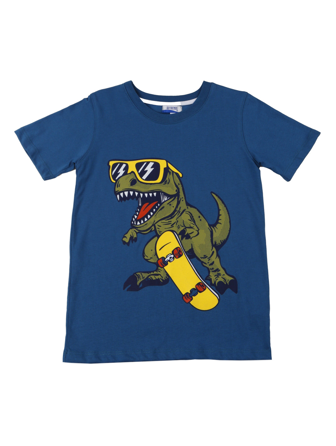 Conjunto para niño compuesto por camiseta aqua con estampado de dinosaurio y short marrón.