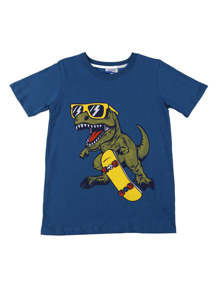 Conjunto para niño compuesto por camiseta aqua con estampado de dinosaurio y short marrón.
