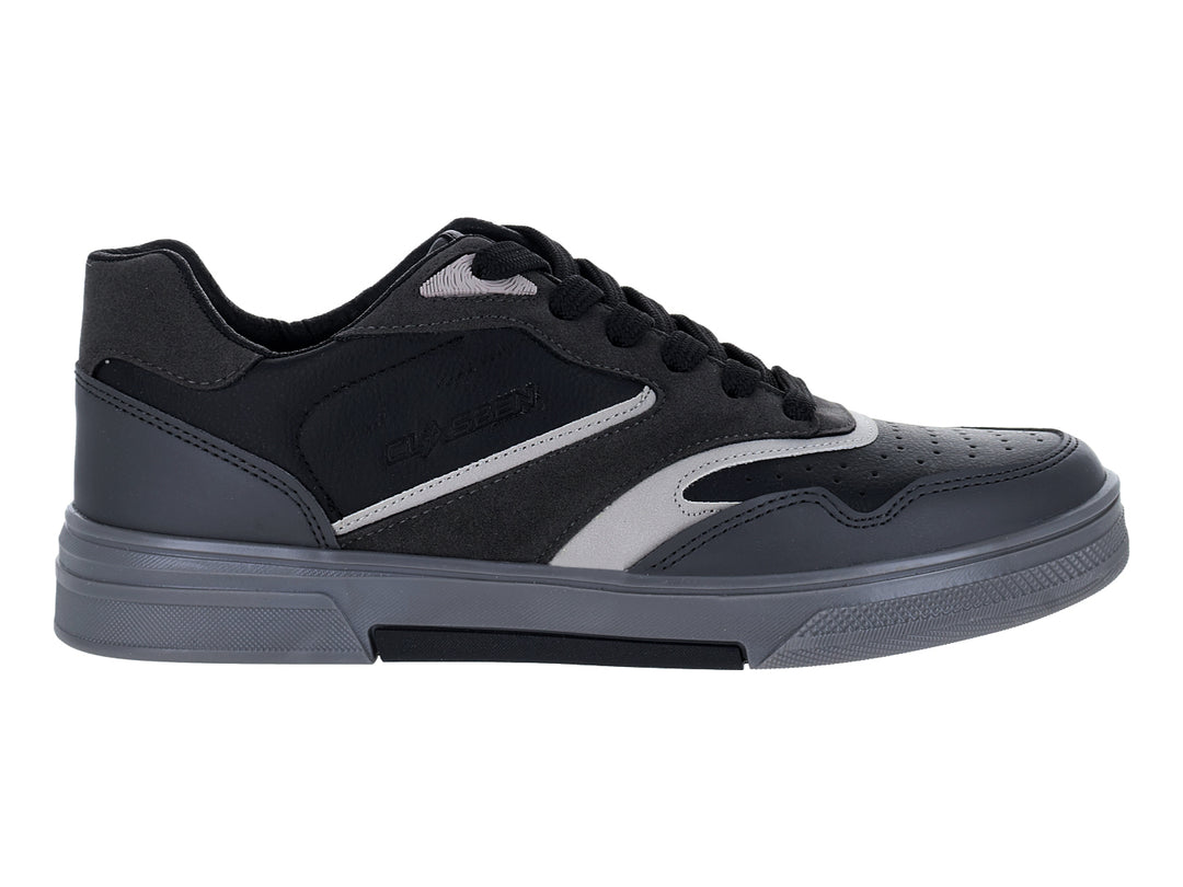 Tenis Clasben color negro con detalles y suela en color gris, vista lateral.