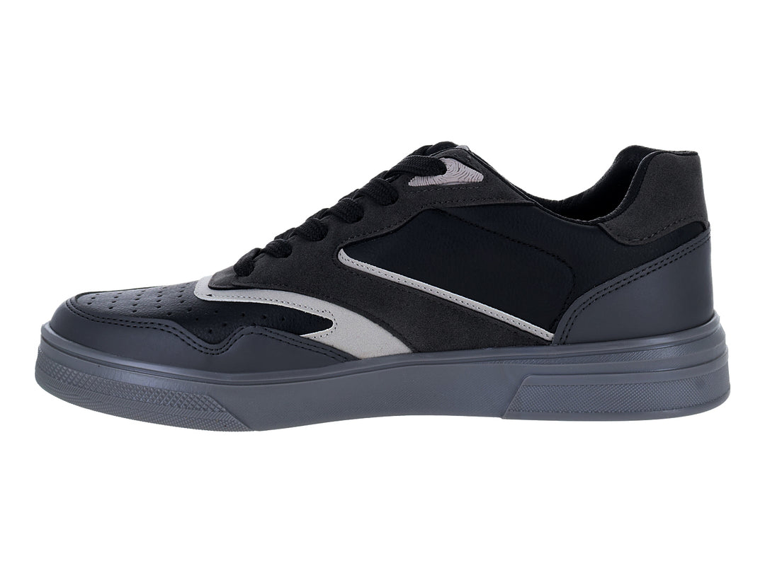 Tenis Clasben color negro con detalles y suela en color gris, vista lateral.