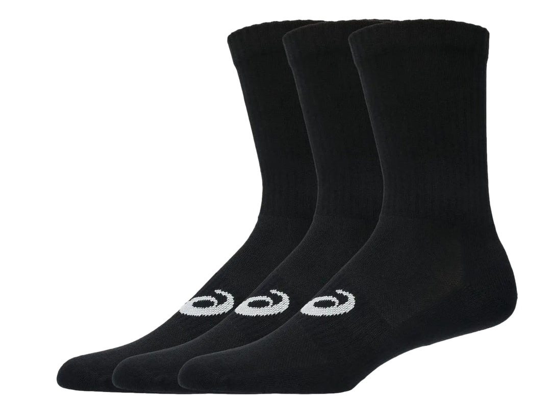 Paquete de tres pares de calcetines deportivos Asics en color negro con logotipo blanco.