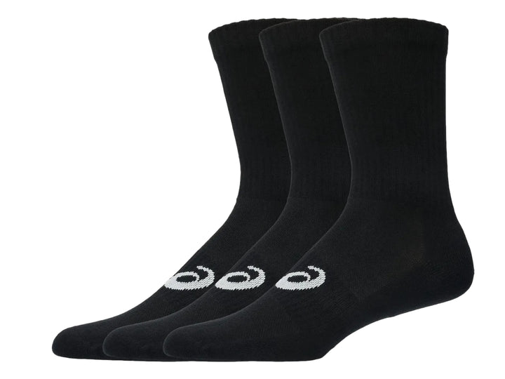 Paquete de tres pares de calcetines deportivos Asics en color negro con logotipo blanco.