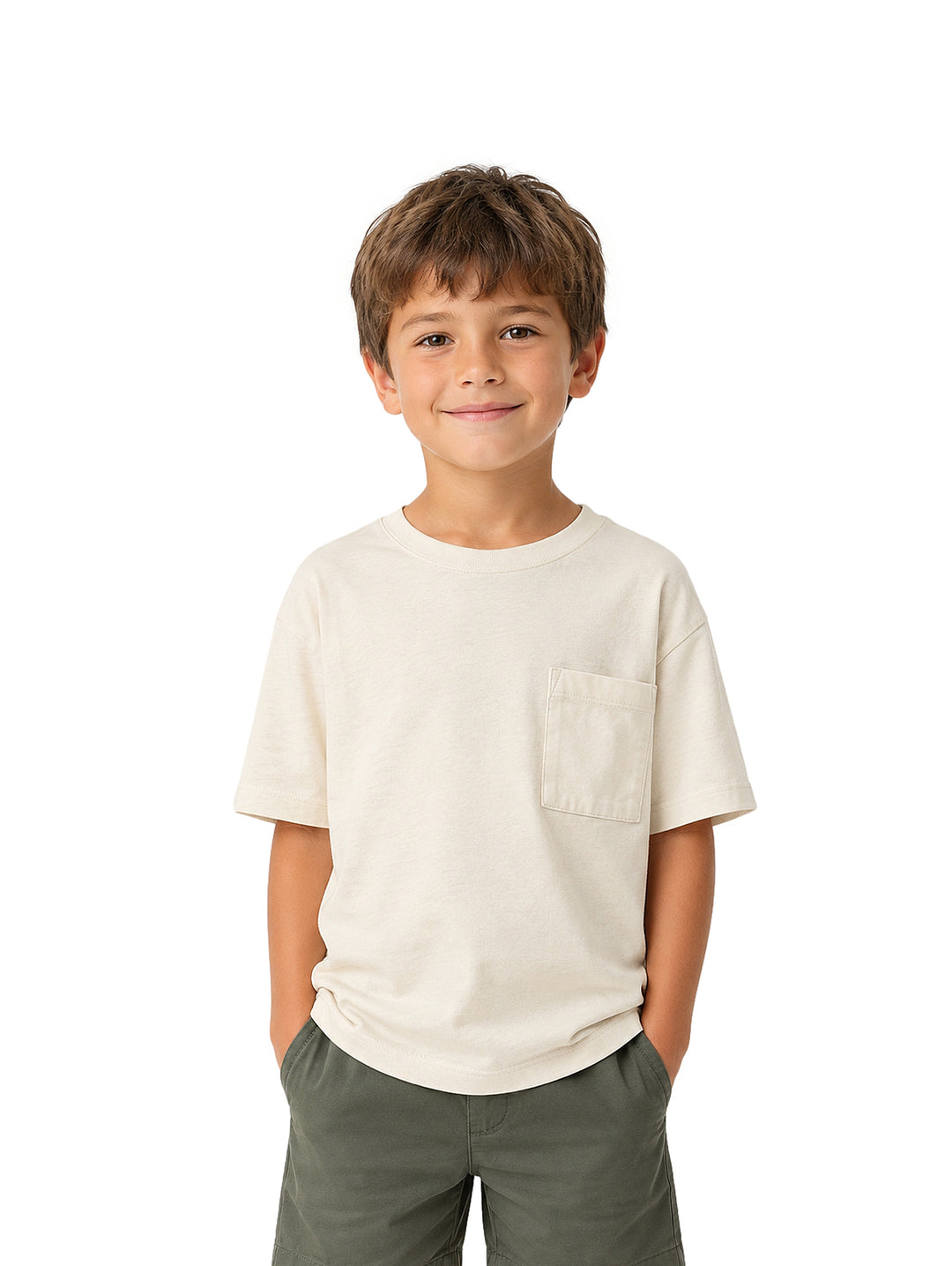 Niño vistiendo playera color beige claro con bolsillo frontal y shorts color verde olivo.